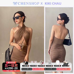 KIKI CHAU时尚甜美farrah饶脖咖色连衣裙百搭CHENSHOP设计师品牌