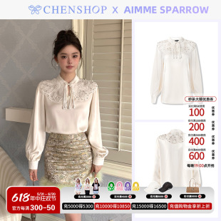 Aimme sparrow新款白色娃娃领钻饰上衣衬衫女CHENSHOP设计师品牌