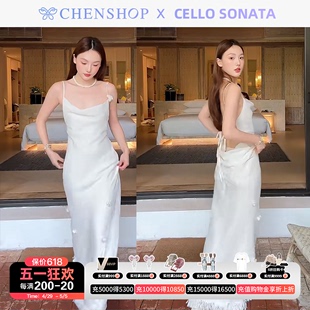 Cello Sonata时尚荡领露背流苏花朵装饰吊带裙CHENSHOP设计师品牌