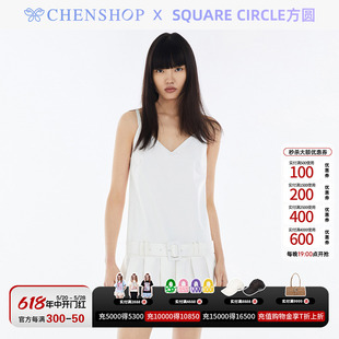 Square circle方圆时尚白色百褶吊带连衣裙女CHENSHOP设计师品牌