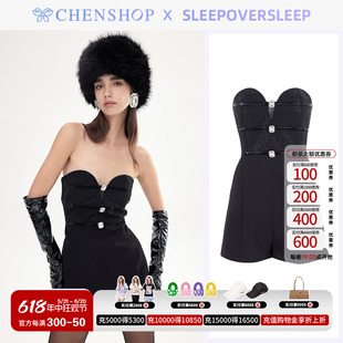 SleepOverSleep钻扣缀饰皮革拼接烫钻抹胸连体短裤CHENSHOP设计师