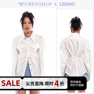 CHENSHOP设计师品牌LEEWEI白色绑带收腰不规则口袋衬衫牛仔短裙