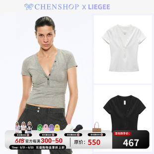 Liegee时尚潮流亨利V领T恤短袖上衣小众百搭女CHENSHOP设计师品牌