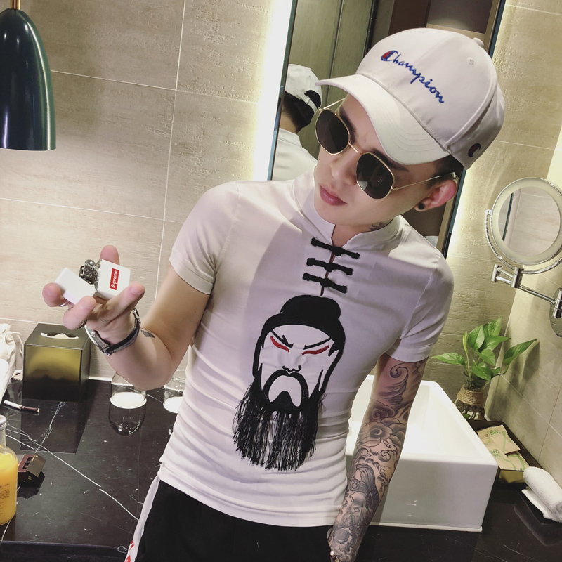 热销社会精神小伙短袖男 快手 刺绣_社会人精神小伙短袖男潮流紧身