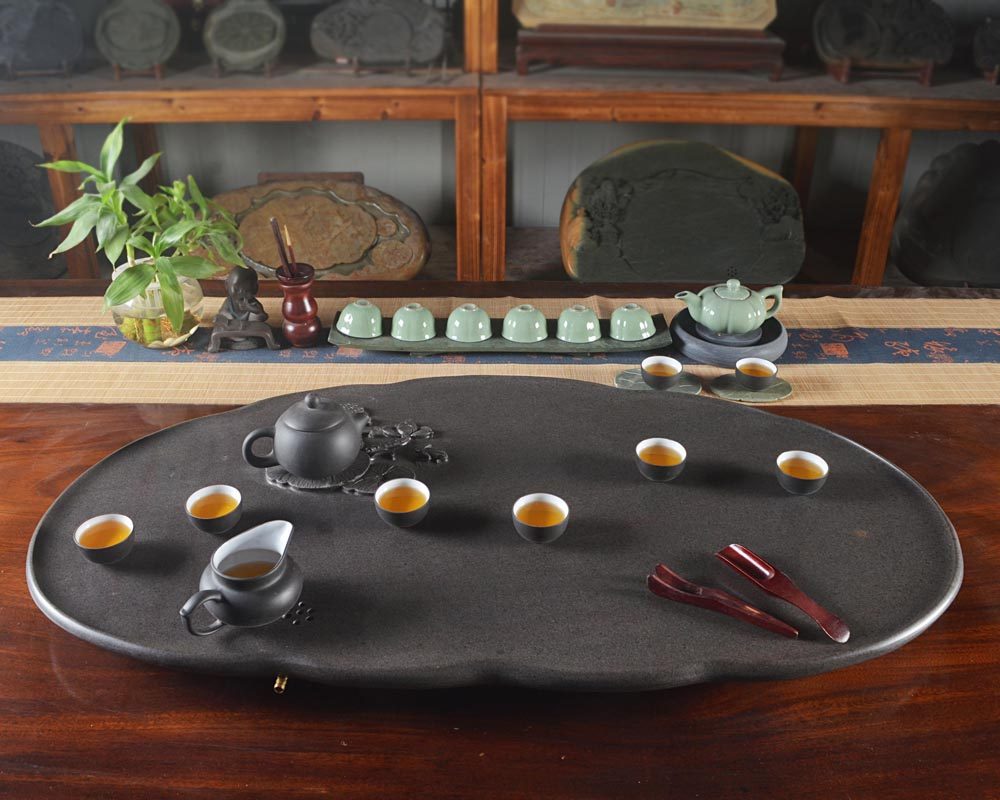 整块原石端砚茶盘家用办公平板功夫茶具纯手工荷花雕刻引水湿泡台