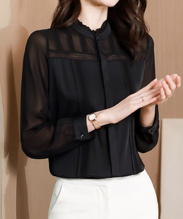黑色蕾丝衬衫女士2024年春装新款韩版时尚洋气网纱高级感小衫上衣