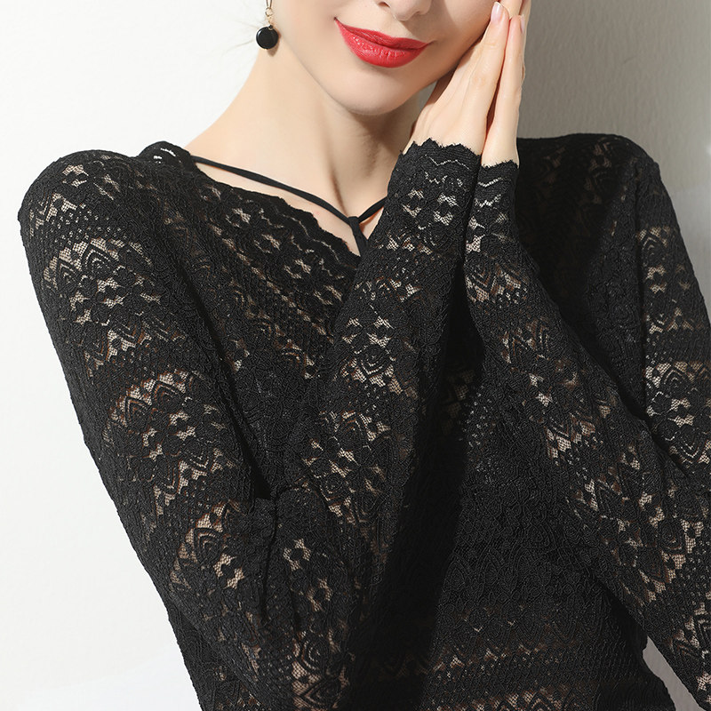 蕾丝打底衫女网纱内搭洋气v领长袖拼接纯色上衣镂空复古精致小衫