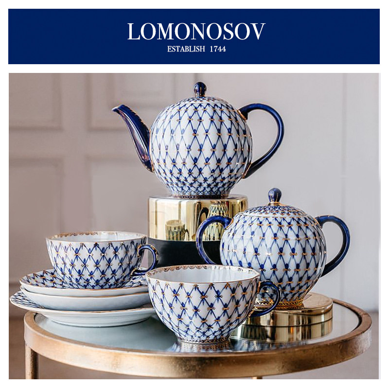 lomonosov俄罗斯皇家瓷器下午茶具陶瓷咖啡杯碟套装钴蓝网纹