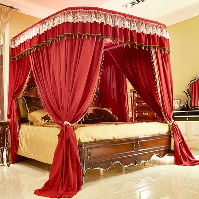 加厚欧式婚床帐u型导轨蚊帐18米床幔家用蚊罩防尘遮光床帘酒红色