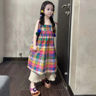 女童2024新款韩版时尚连衣裙夏季中大童洋气复古吊带彩色格子裙