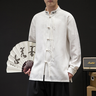 新中式男装绣花立领长袖衬衫秋季中国风盘扣唐装男青年中山装上衣
