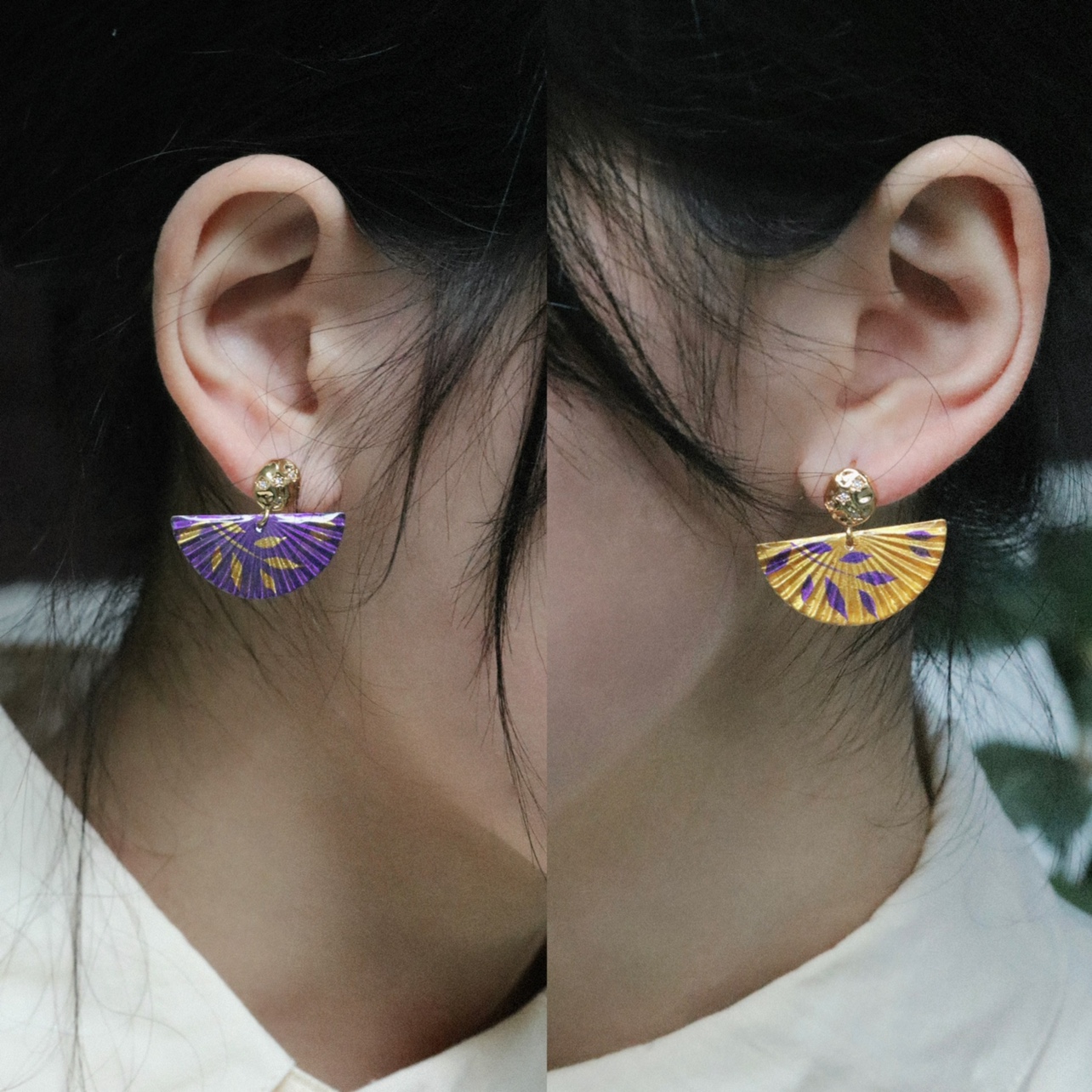 山印集手绘【单扇·至】紫金传统新中式复古扇形耳环耳钉耳夹礼物