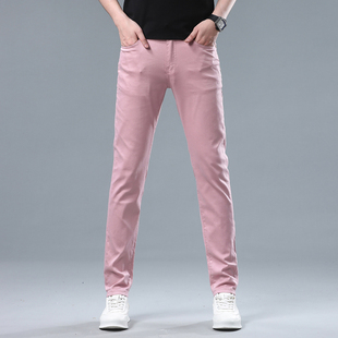 高端欧货粉色牛仔裤男弹力小直筒长裤夏季薄款天丝莱塞尔修身裤子