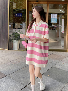 潮牌时尚粉色条纹polo连衣裙女2024夏季新款宽松休闲小个子T恤裙