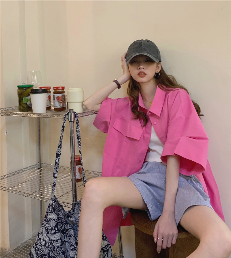 玫粉色短袖衬衫外套女设计感小众上衣2022年新款夏季复古港味衬衣