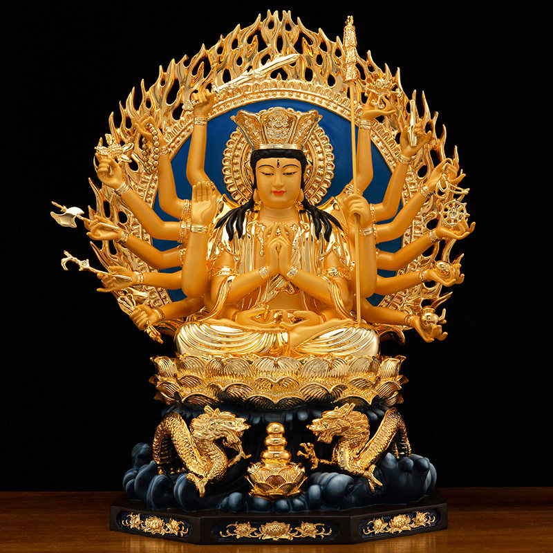 台湾鎏金十八臂准提菩萨铜像供奉纯铜准提佛母像摆件佛教准胝观音
