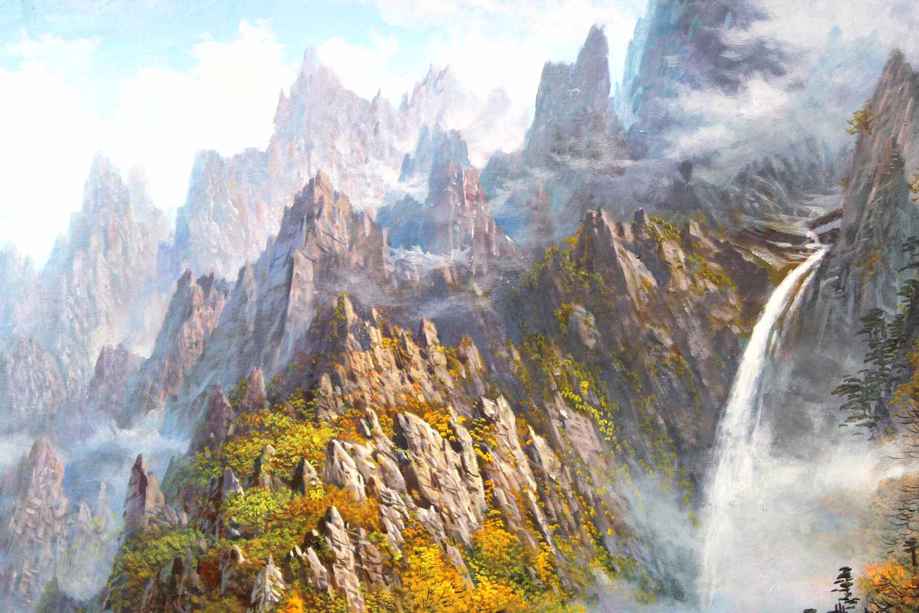 朝鲜功勋艺术家 郑东革《金刚山 仙下溪涧》名家丙烯画力作