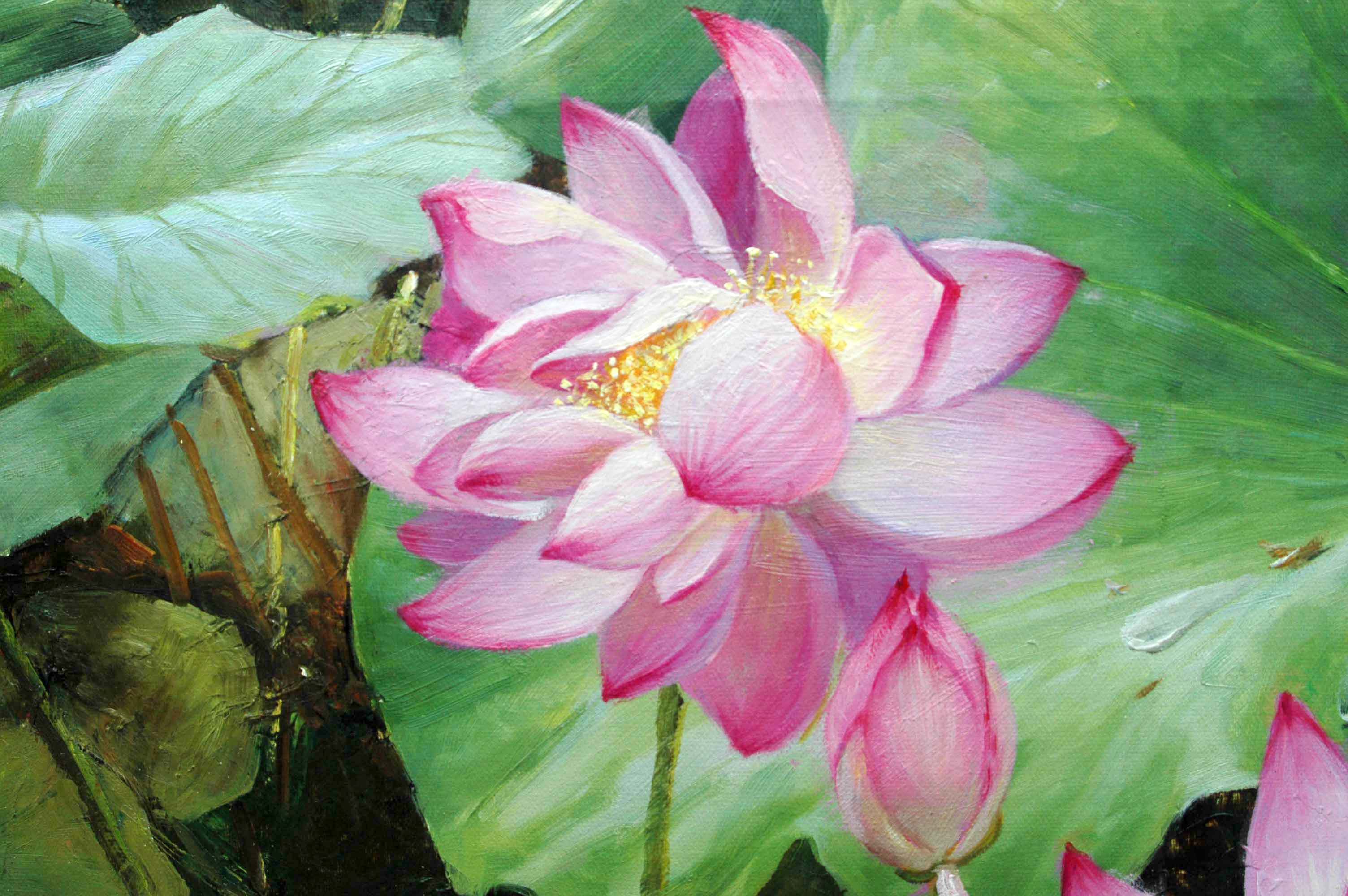 巨幅 朝鲜功勋艺术家 鲁远哲 《荷花》名家油画