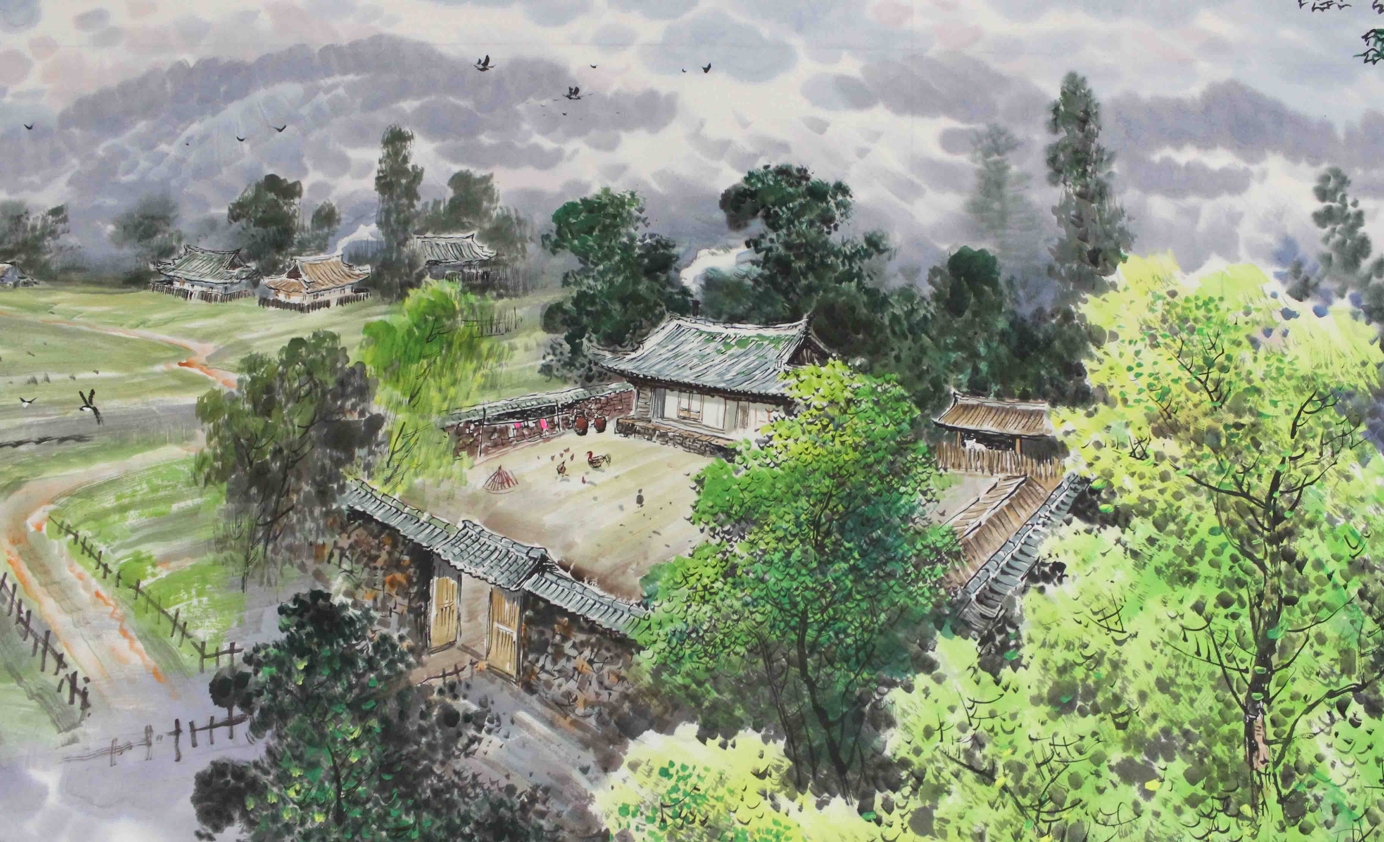 大尺幅 朝鲜名家国画 李石哲 一级画家《故乡的夏天》朝鲜国画