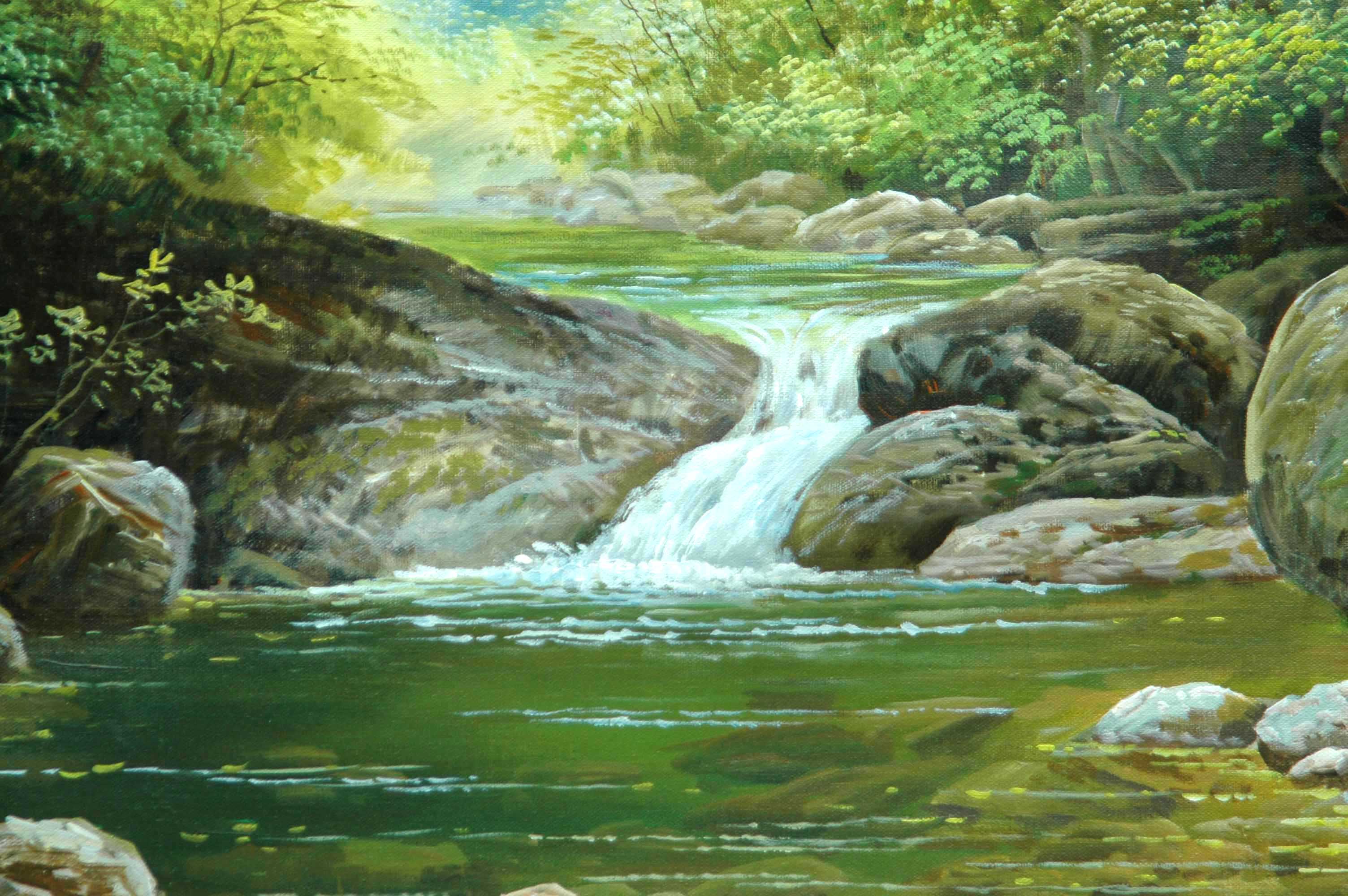 朝鲜名家丙烯画 李南《夏天的溪涧》朝鲜一级画家 丙烯画