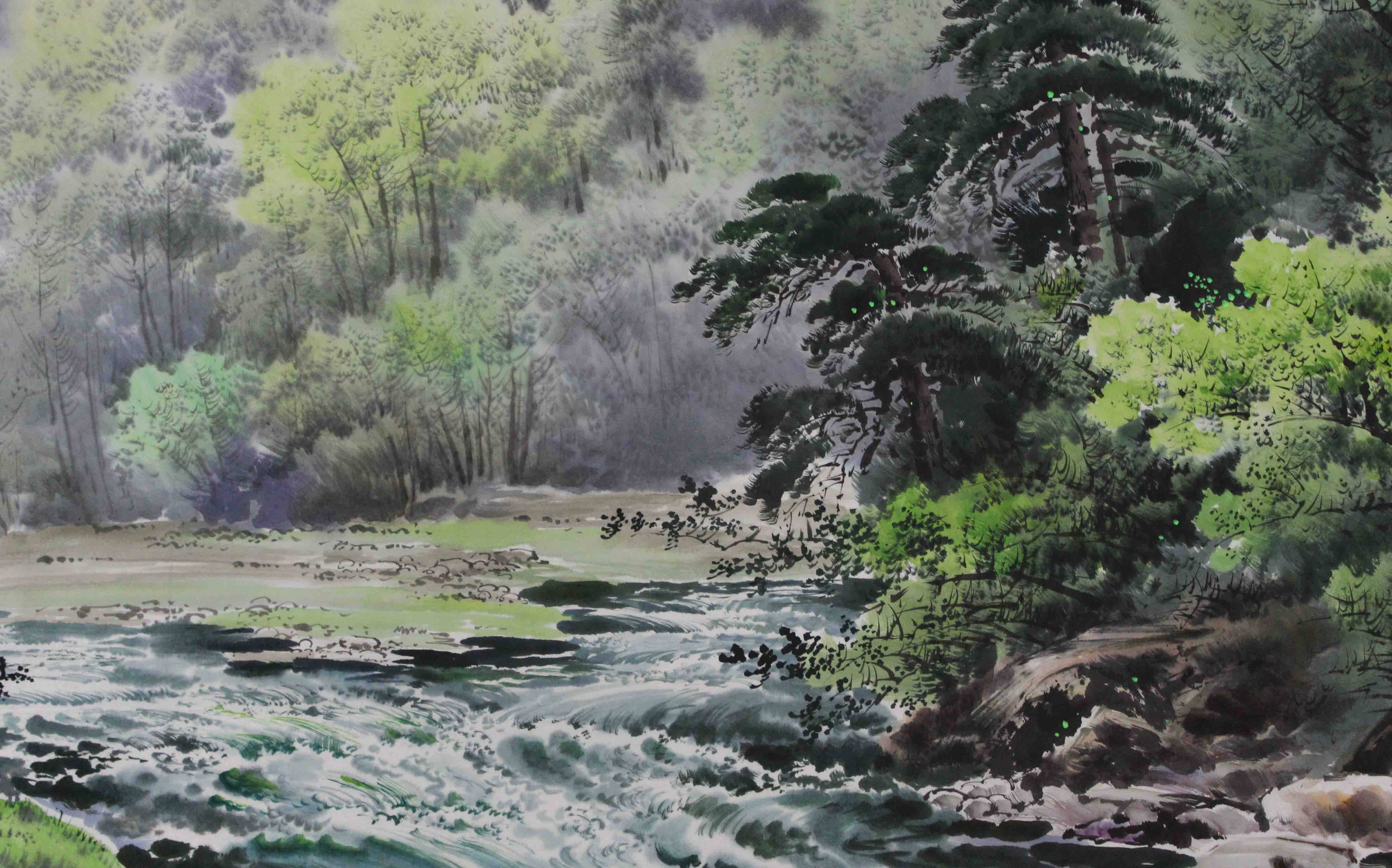 大尺幅朝鲜名家 金铁国《树林的清晨》一级画家国画