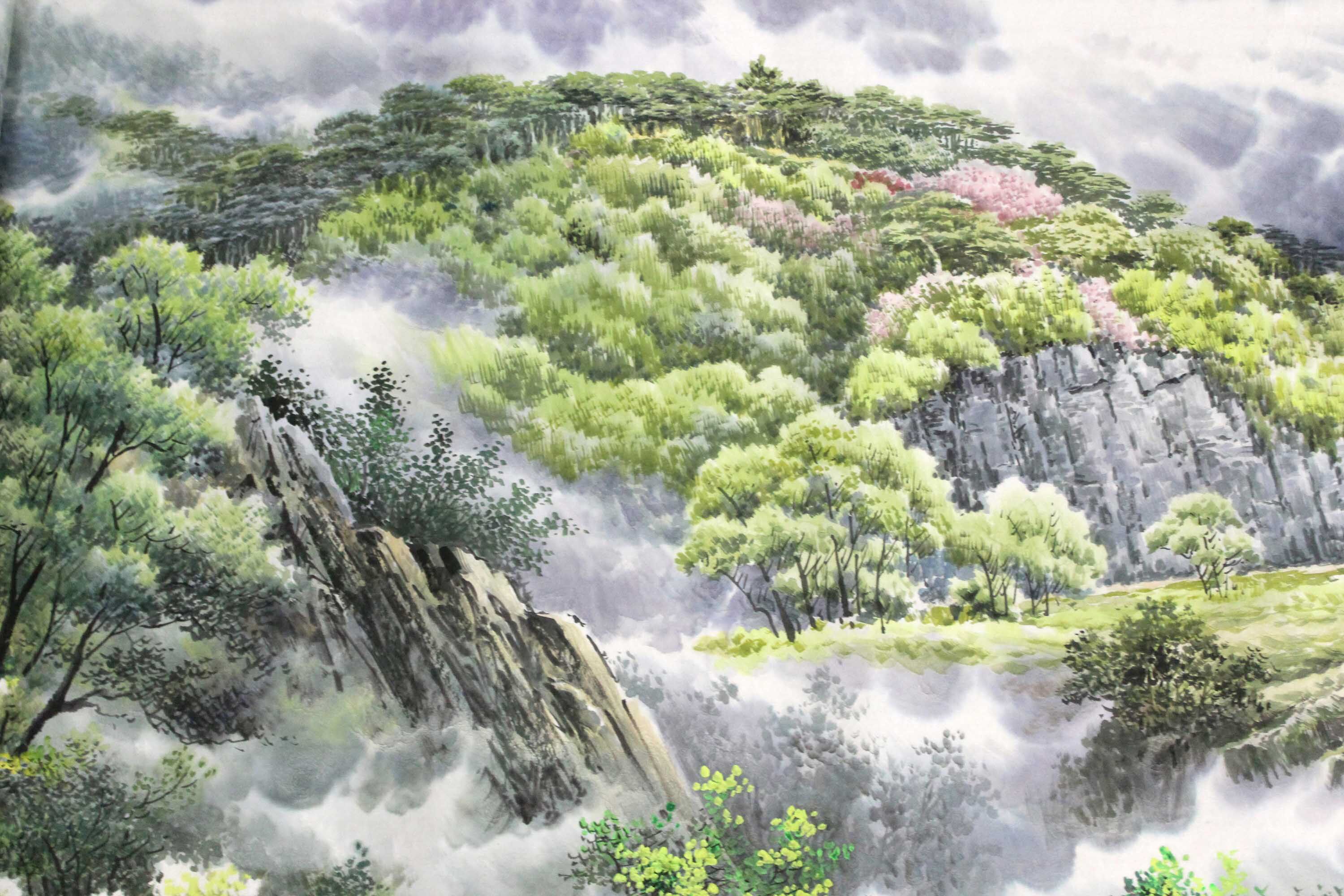 大尺幅 朝鲜名家国画 金运光 一级画家《山村的春天》朝鲜国画