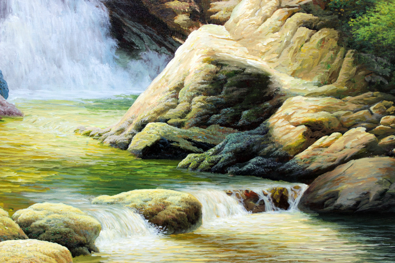 【白头山出品】朝鲜名家 英桂《瀑布》丙烯画 海外直供