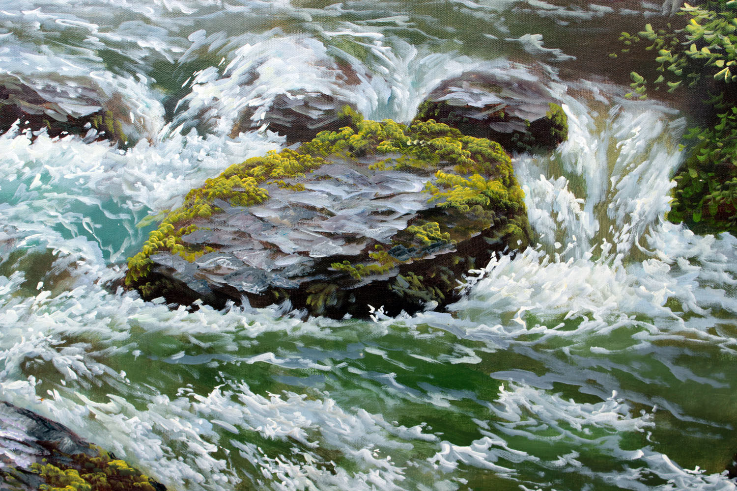 朝鲜名家 金明圭《山沟水》丙烯画 白头山出品