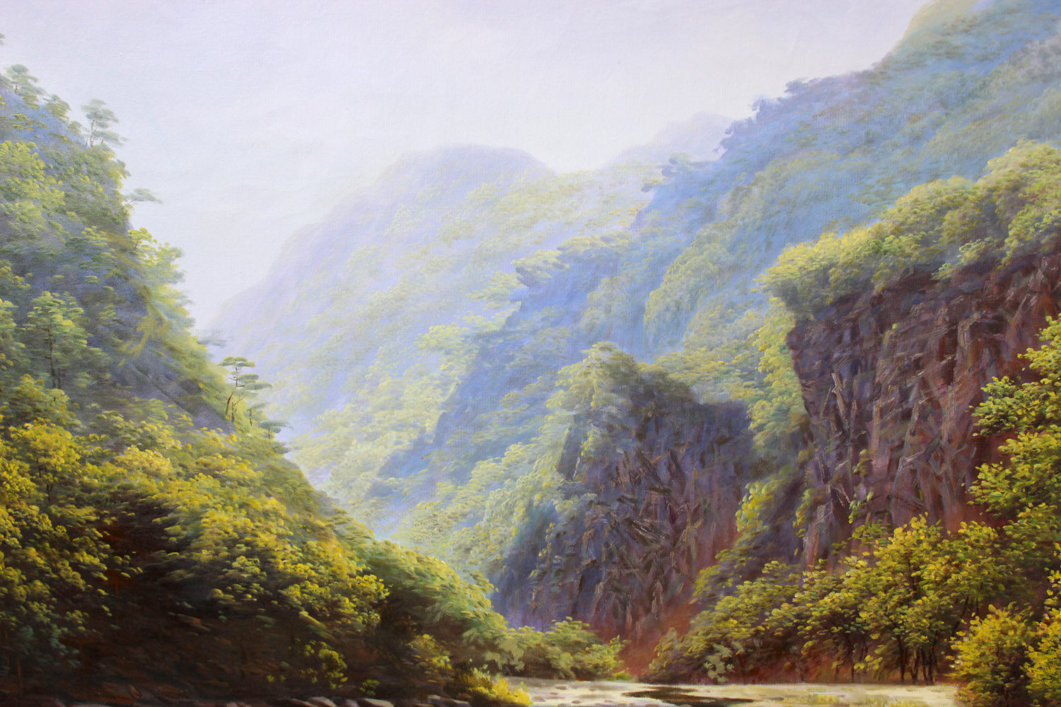 朝鲜名家 崔哲《山川溪涧》丙烯画 白头山出品