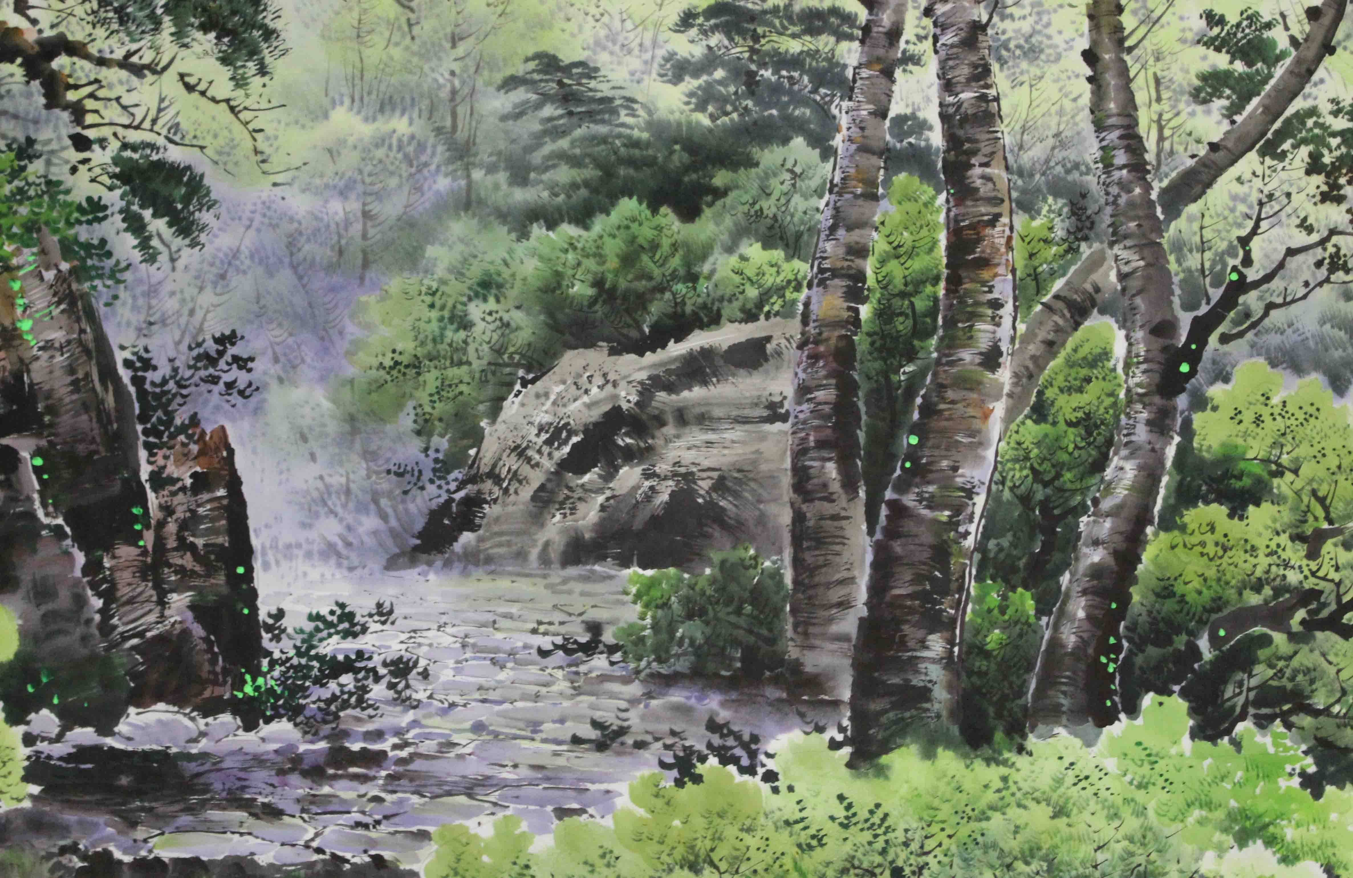 大尺幅朝鲜名家 金铁国《树林的清晨》一级画家国画