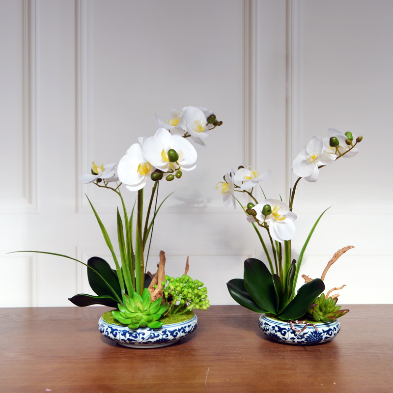 新中式别墅样板房酒店会所家居软装餐桌茶几蝴蝶兰花艺饰品摆件