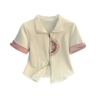 短袖t恤女2024夏新款设计感小众新中式国风刺绣立领开衫上衣