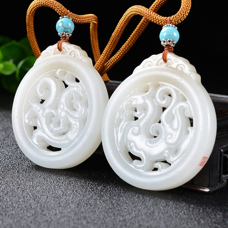 省级大师府敏生作品和田玉羊脂白玉龙凤对牌42.36g 44.82g