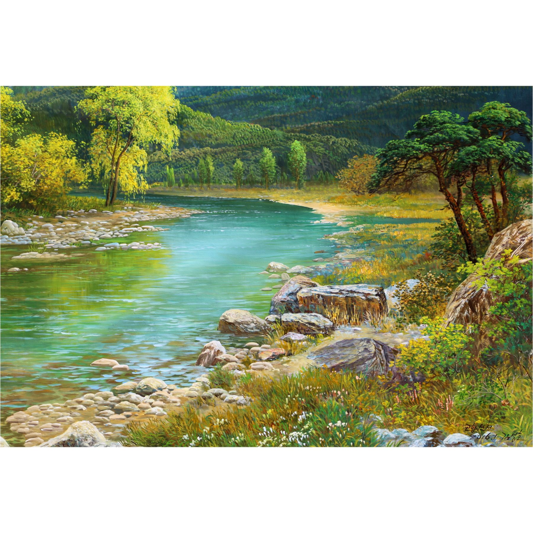 (朝鲜)2.2米巨幅金成浩《夏天的溪谷》万寿台创作社