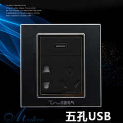 开关插座面板电源插座墙壁插座usb开关面板五孔带USB充电模块黑色
