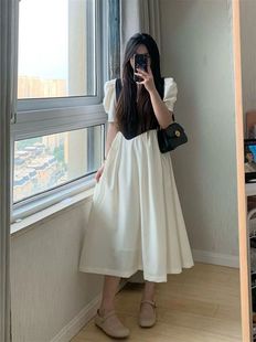 女童夏装法式泡泡袖连衣裙2024新款中大童高级感白色假两件裙子潮