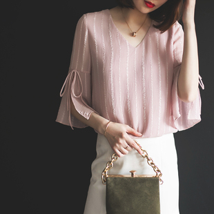 v领雪纺衫2018新款韩版短袖喇叭袖开叉上衣女夏秋超仙宽松洋气质