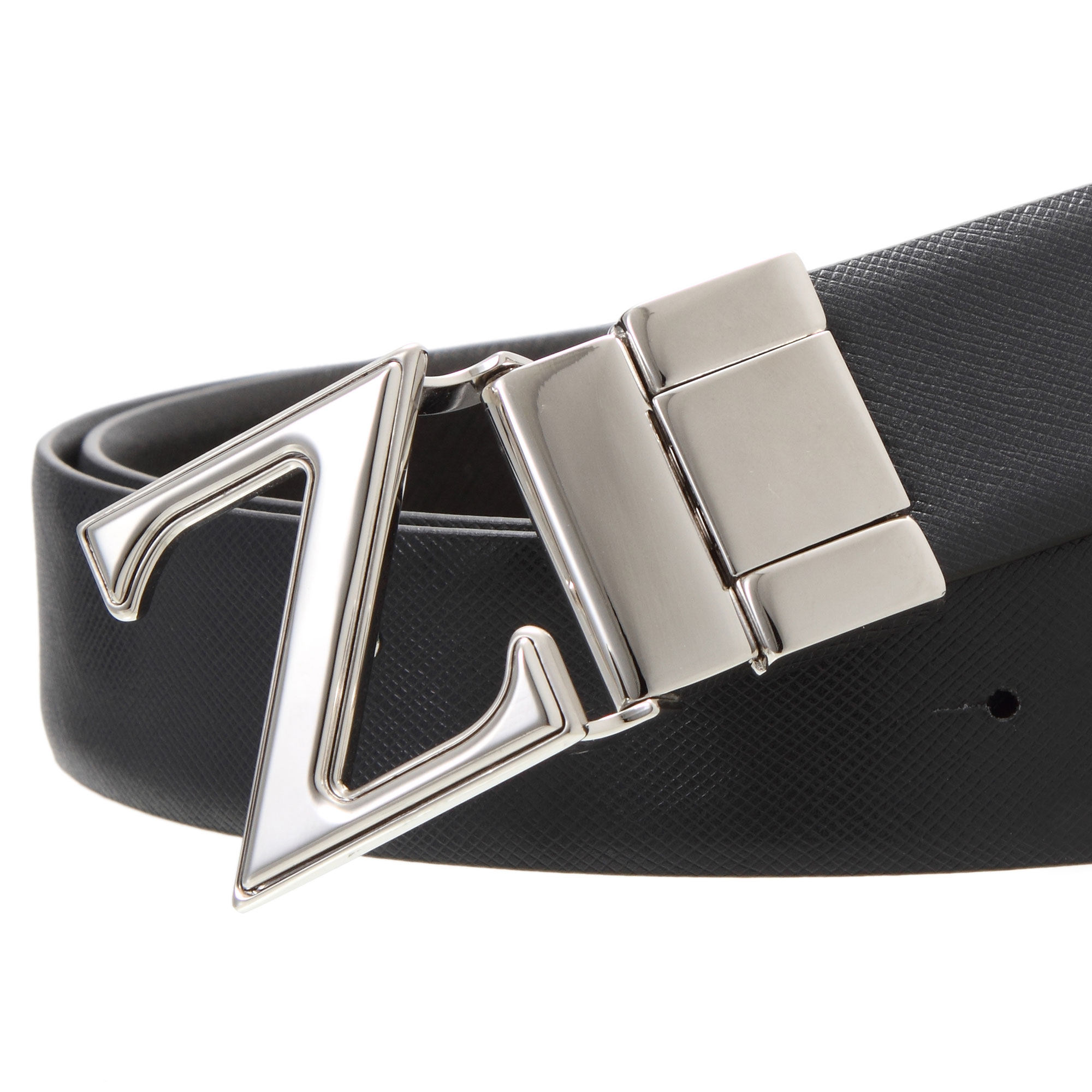 【全新】z zegna黑色/深蓝色荔枝皮纹真皮银色z字带扣男士腰带