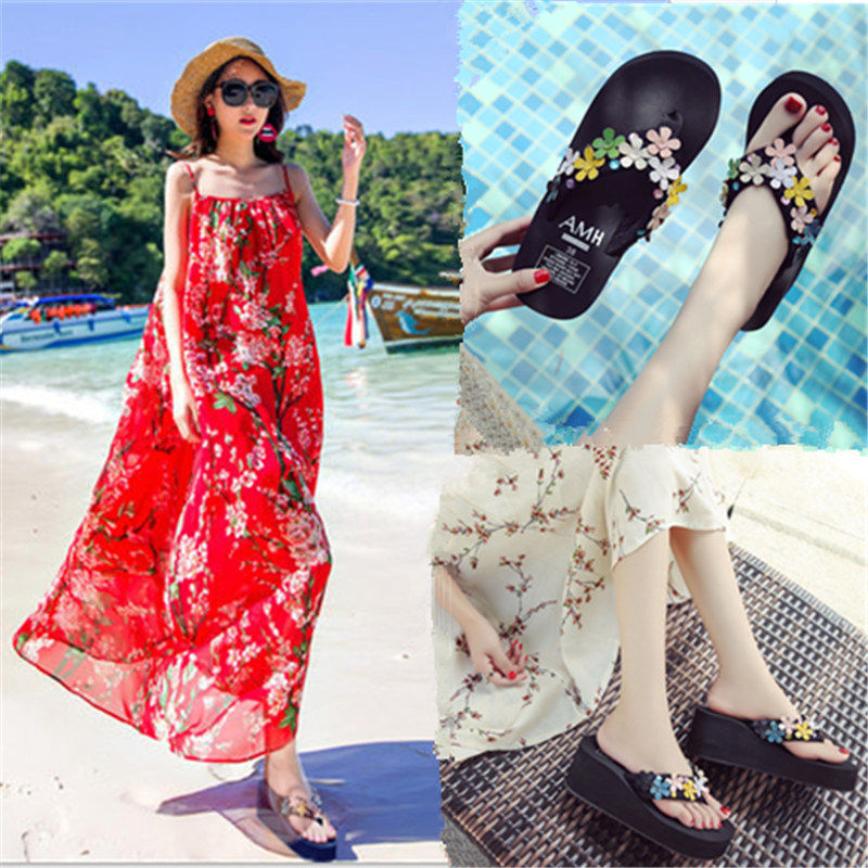 人字拖女时尚百搭花朵度假中跟厚底坡跟防滑夏季夹拖凉拖鞋沙滩鞋