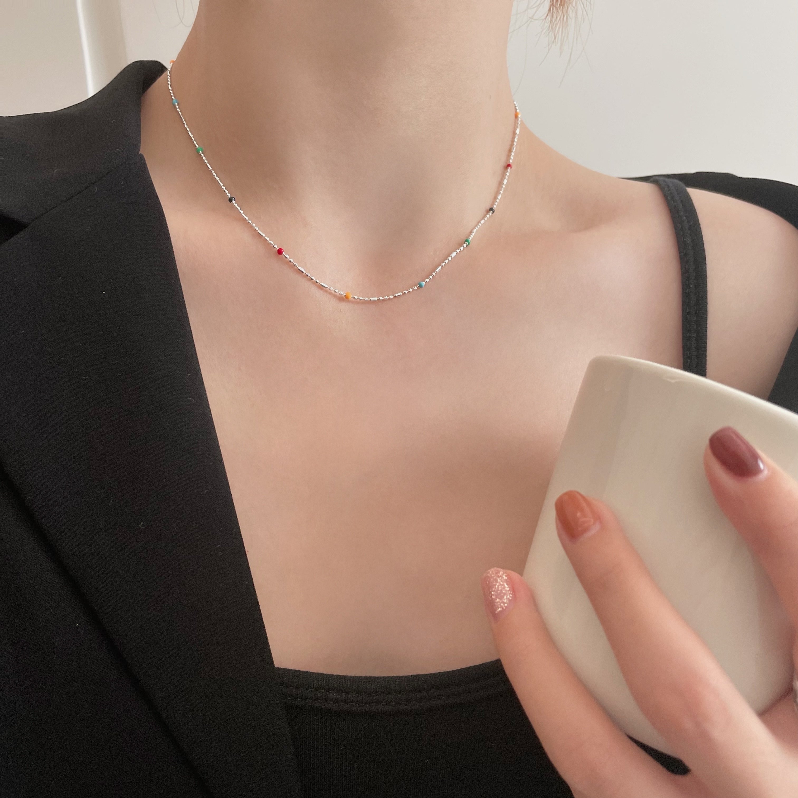 s925纯银iu同款彩虹豆豆圆珠项链ins简约百搭款小众设计锁骨链