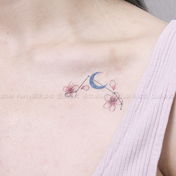 纹身贴女小清新 韩国 樱花_彩色月亮樱花纹身贴防水女持久胸口锁骨