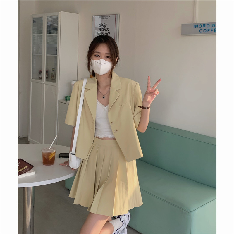 实拍实价 三标齐 韩系时尚宽松短袖小西装百褶裙套装