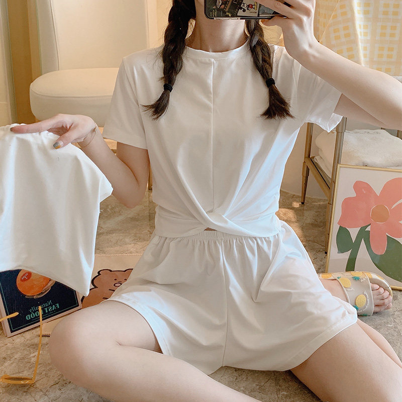 短袖睡衣女夏季薄款仙女风性感露脐两件套装可出门休闲纯色家居服