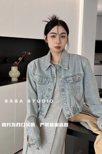 SASA 2024春新款洋气美式设计宽松长袖翻领浅蓝色水洗牛仔短外套