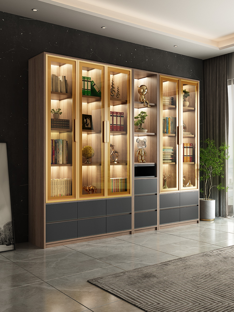 书柜带智能灯现代简约玻璃门储物柜置物架自由组合落地展示柜书橱