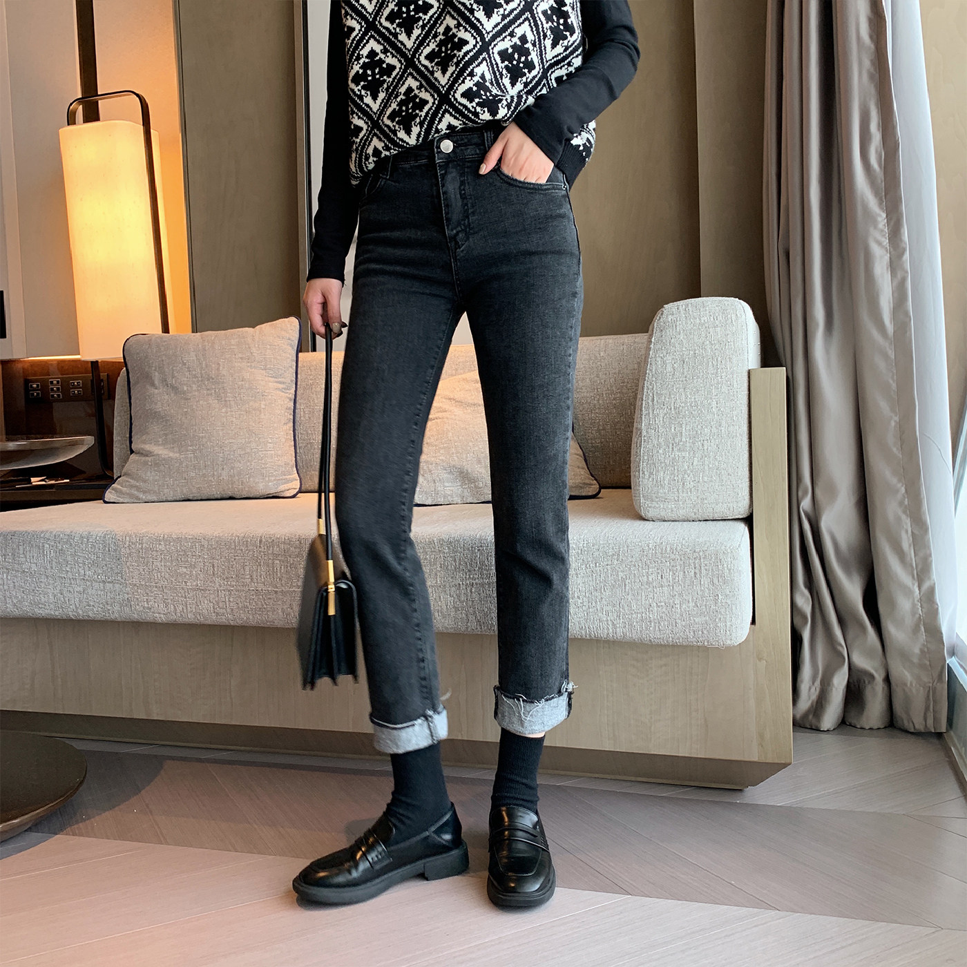 杨泡泡 加绒牛仔裤女高腰显瘦冬季2019新款卷边宽松韩版直筒长裤