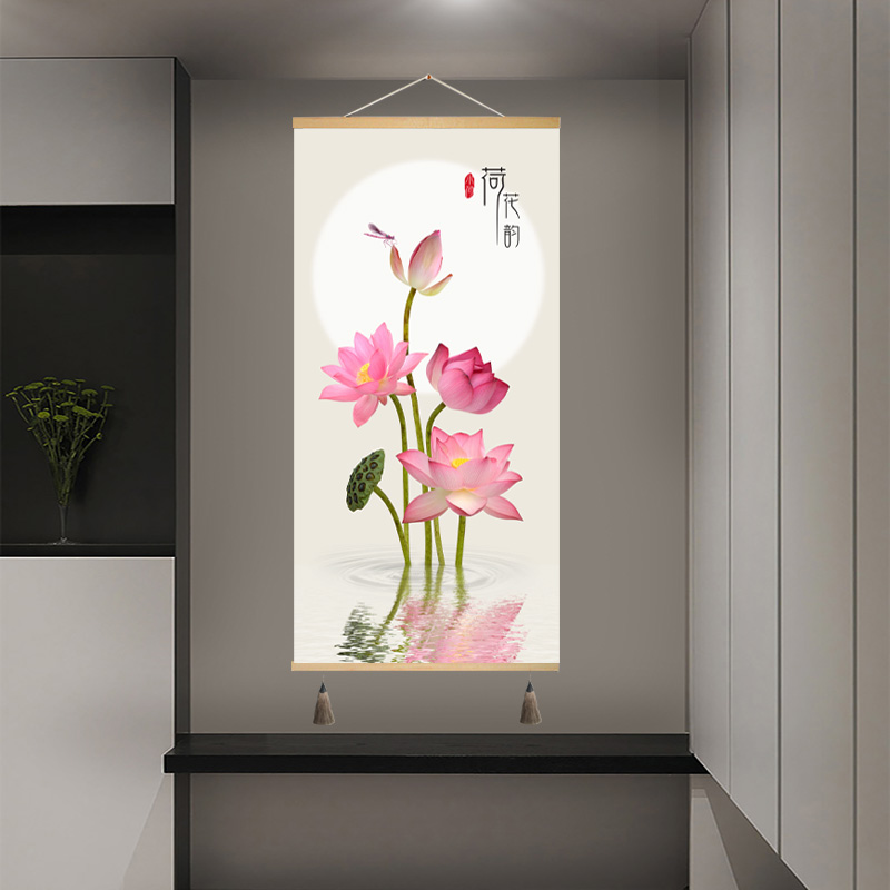 新中式挂画定制卷轴画装饰画荷花图玄关卧室餐厅墙壁画布艺画墙画