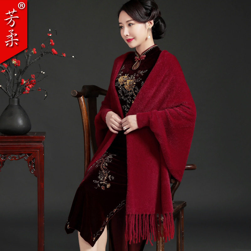 秋冬新款时尚气质民族风婚礼妈妈净色仿貂毛旗袍外搭保暖大披肩女