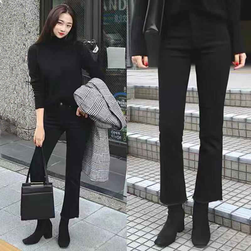 专柜九分微喇叭牛仔裤女2020春夏新款高腰弹力黑色特大码小喇叭裤