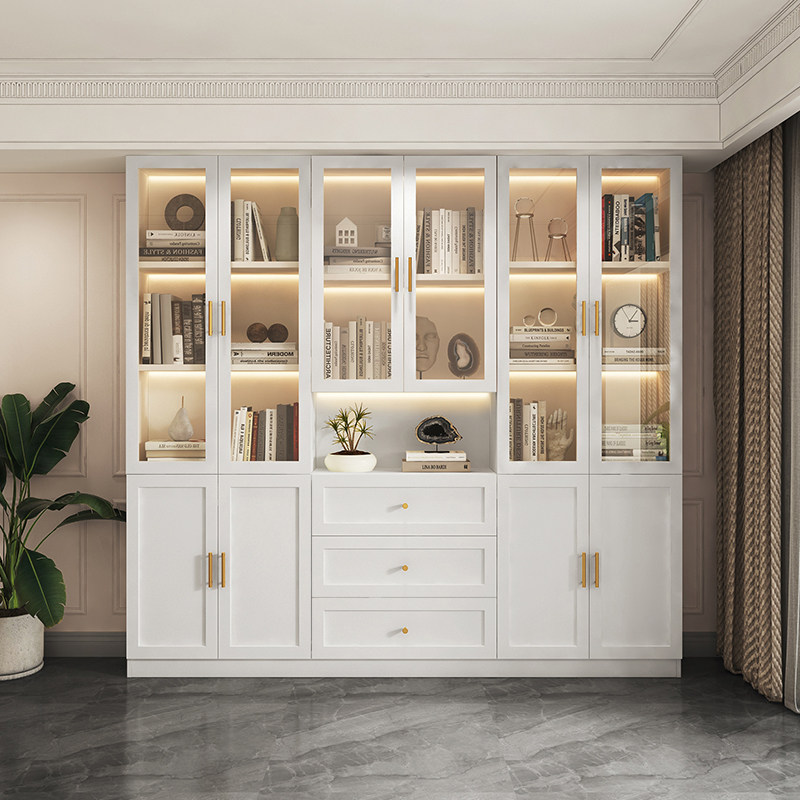 书柜置物架一体落地整体靠墙带灯玻璃门柜子储物柜办公室家用定制